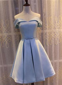 Picture of Light Blue Off Shoulder Satin Bridesmaid Dresses, Blue Short Formal Dresses